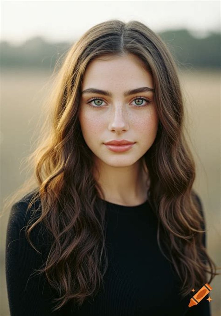 a woman with long brown hair wearing a floral dress