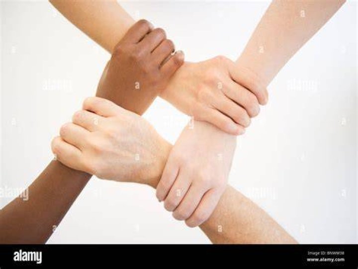 Four hands holding wrists of other people Stock Photo Dissolve