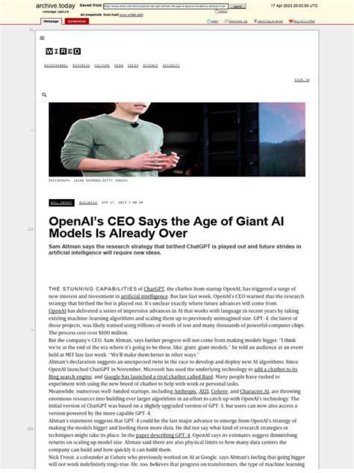OpenAI&rsquo;s CEO Says the Age of Giant AI Models Is Already Over